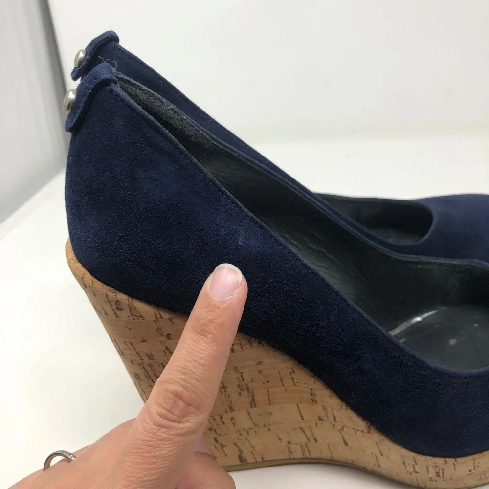 Stuart Weitzman Wedge Pumps Womens 9.5 Navy Blue Suede Cork Platform
